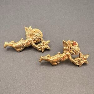 Vintage Lot of 2 Kirks Folly Cherub Angel Holding Star Pin‎ Brooch Gold Tone